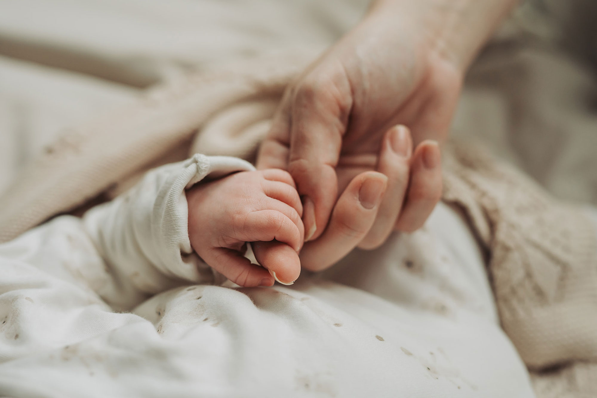 close up of baby's hand holding mum's finger