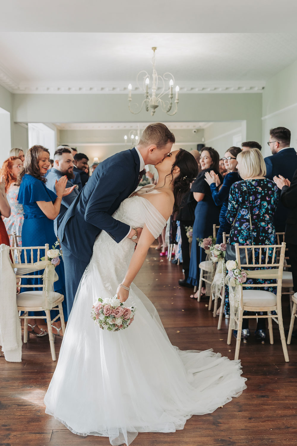 dip kiss in ceremony at Ashton Lodge wedding venue Warwickshire