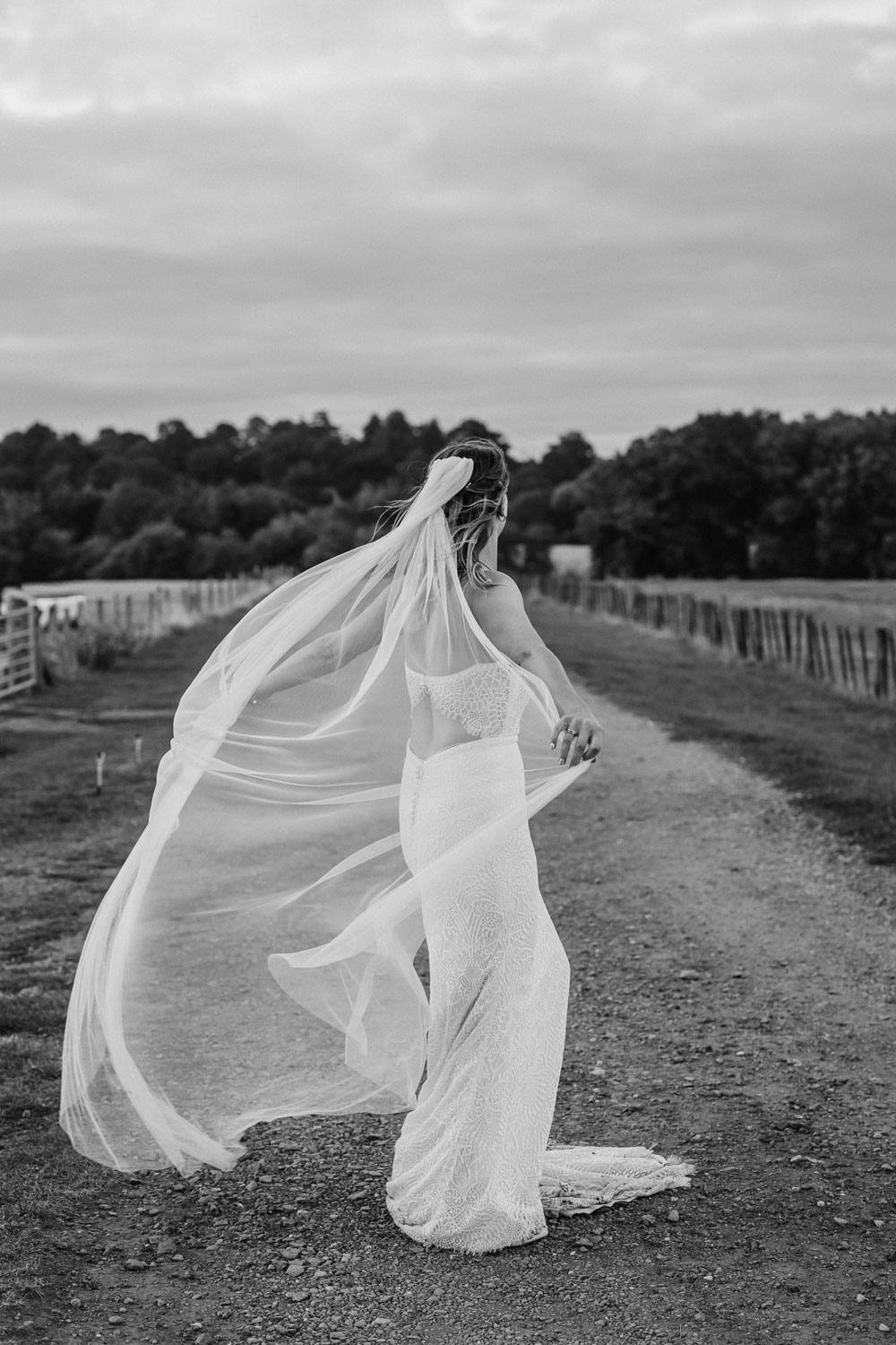 Black and white bridal portrait with veil in wind