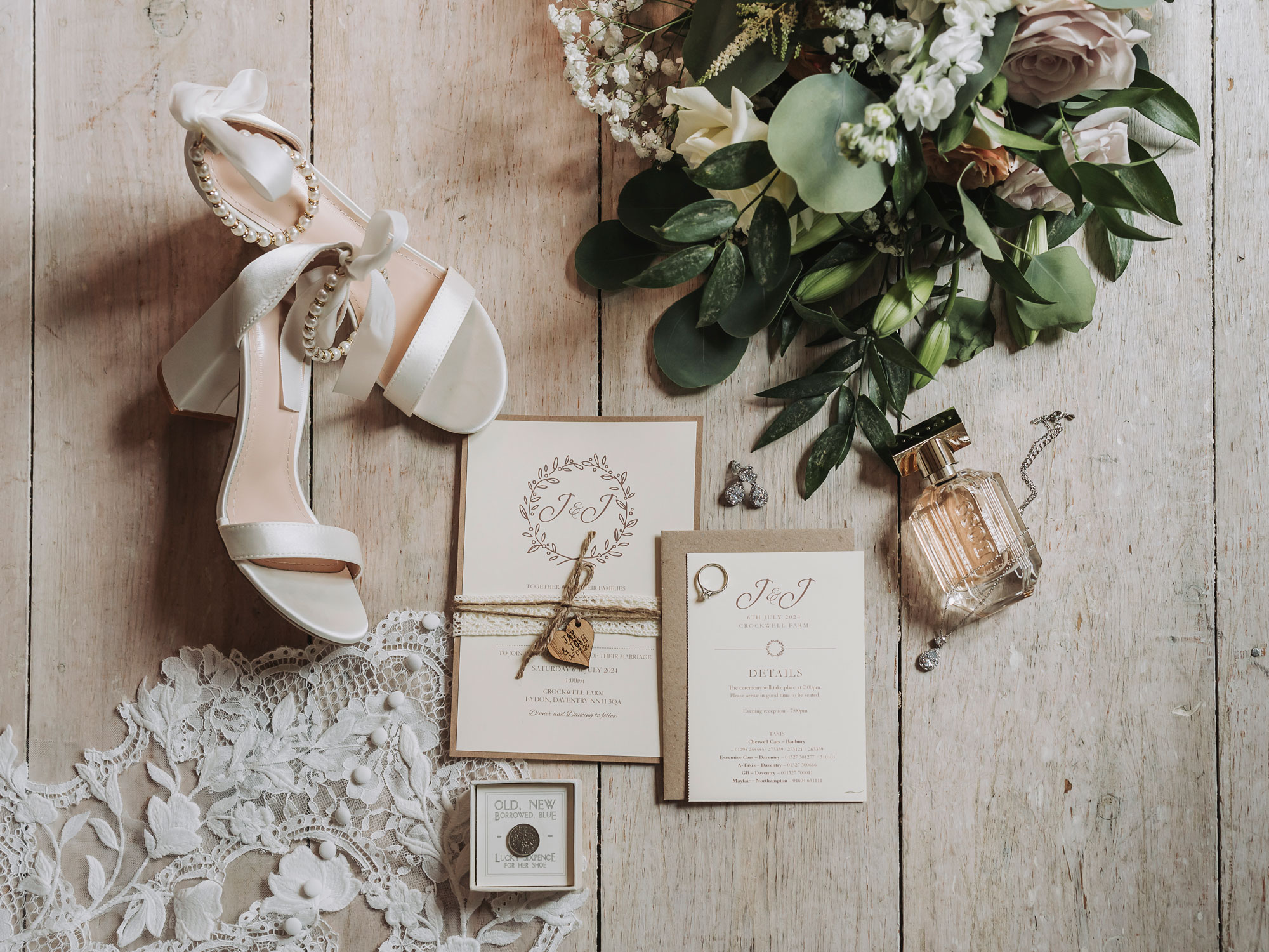 Flatlay detail photo with white and green theme at Crockwell Farm weddings