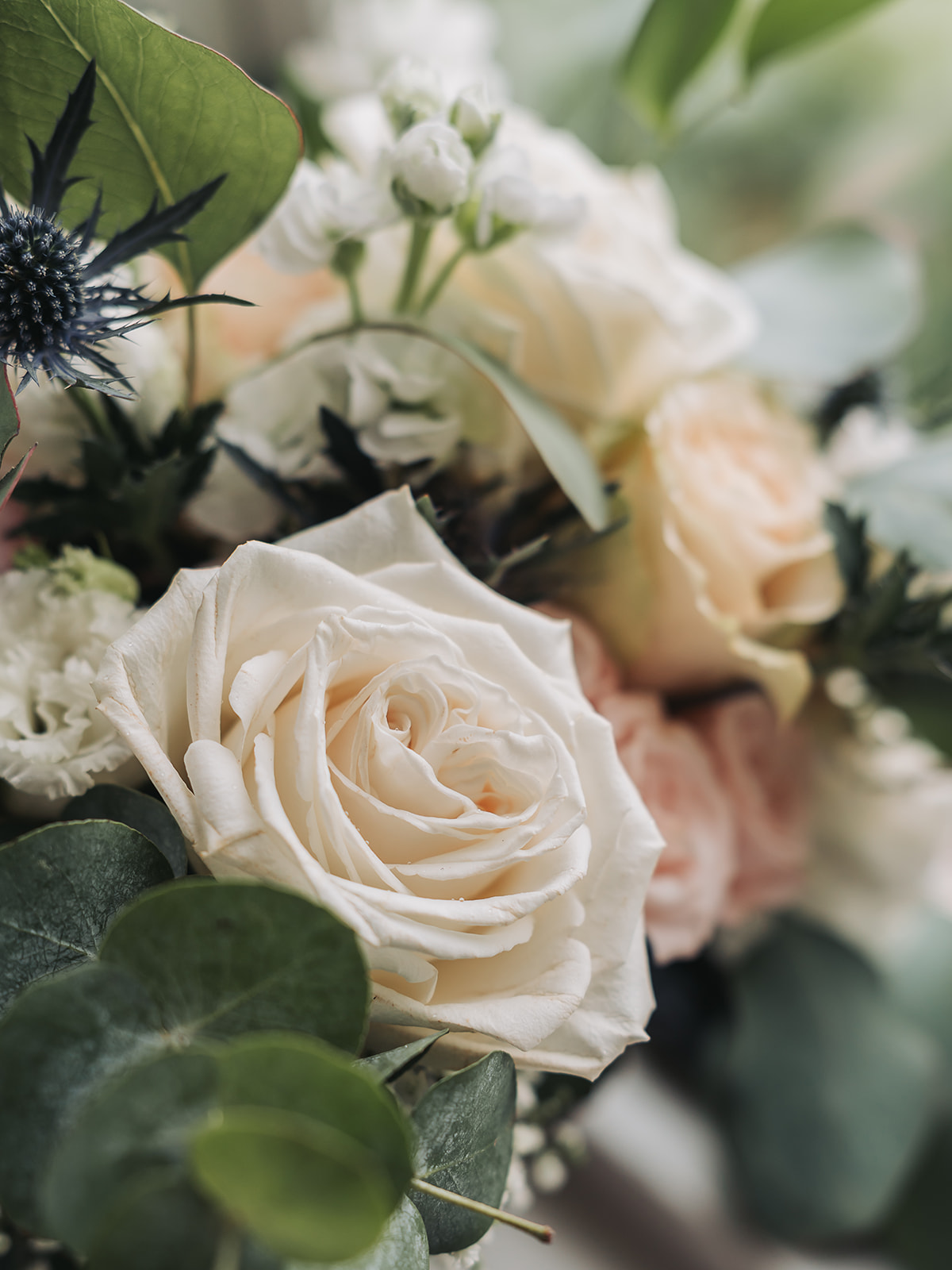 Close up shot of white rose in wedding bouquet