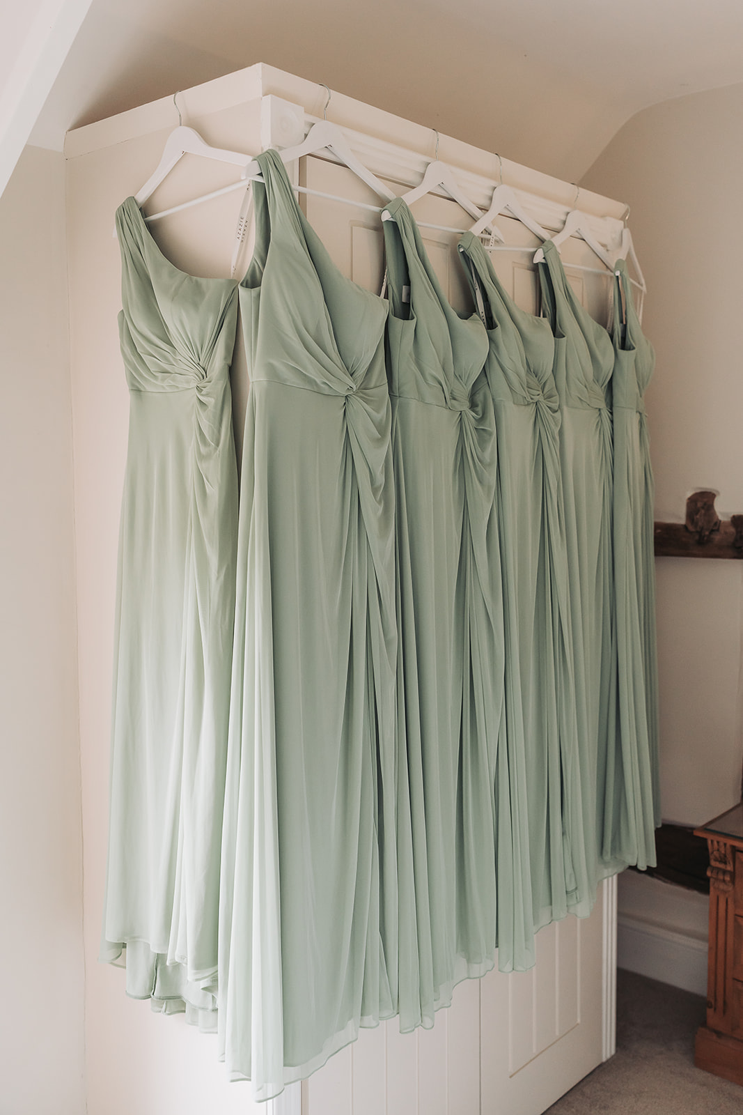 Sage green one shoulder grecian style bridesmaid dresses