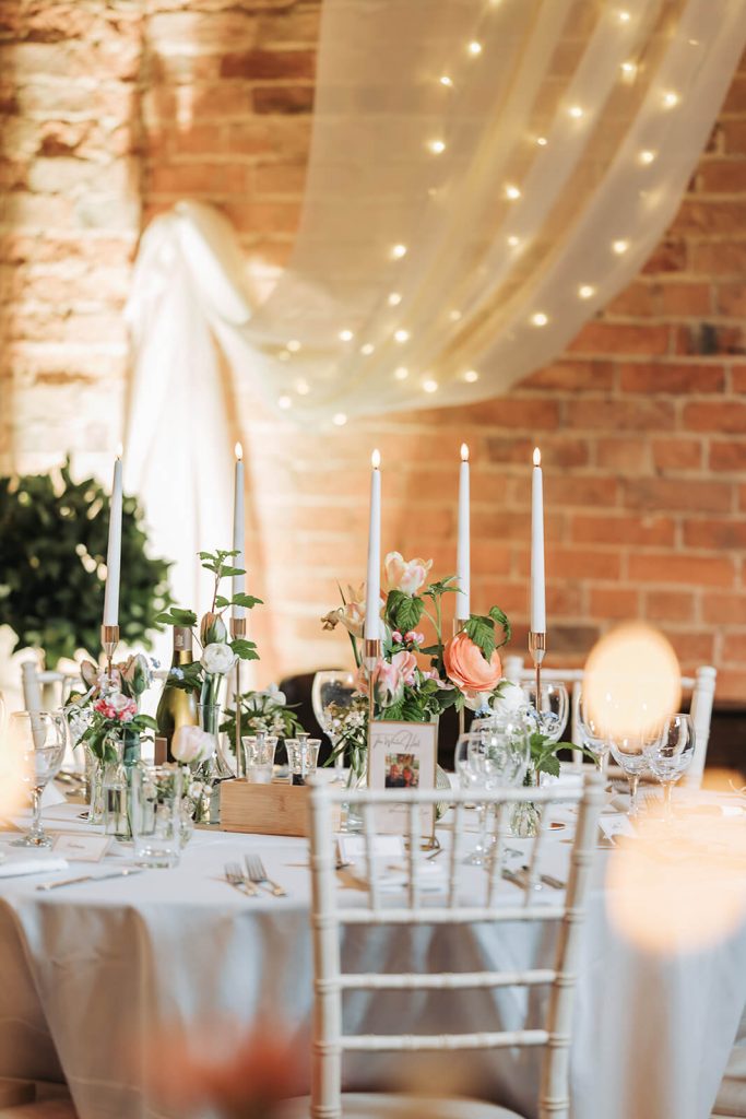 candles on table at Dovecote wedding venue