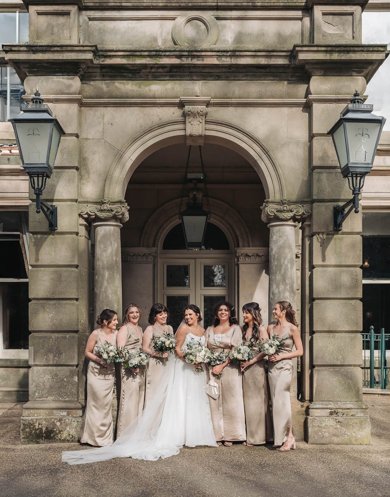 bridal party group photo outside of Kilworth House