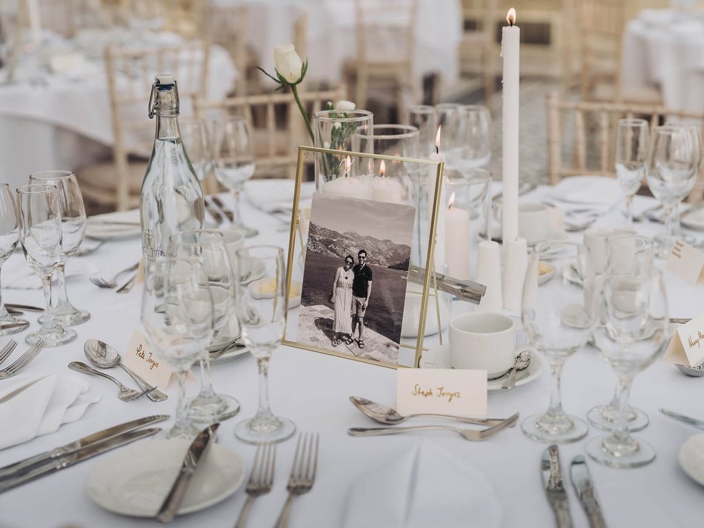 photo centerpiece on table at Kilworth House wedding