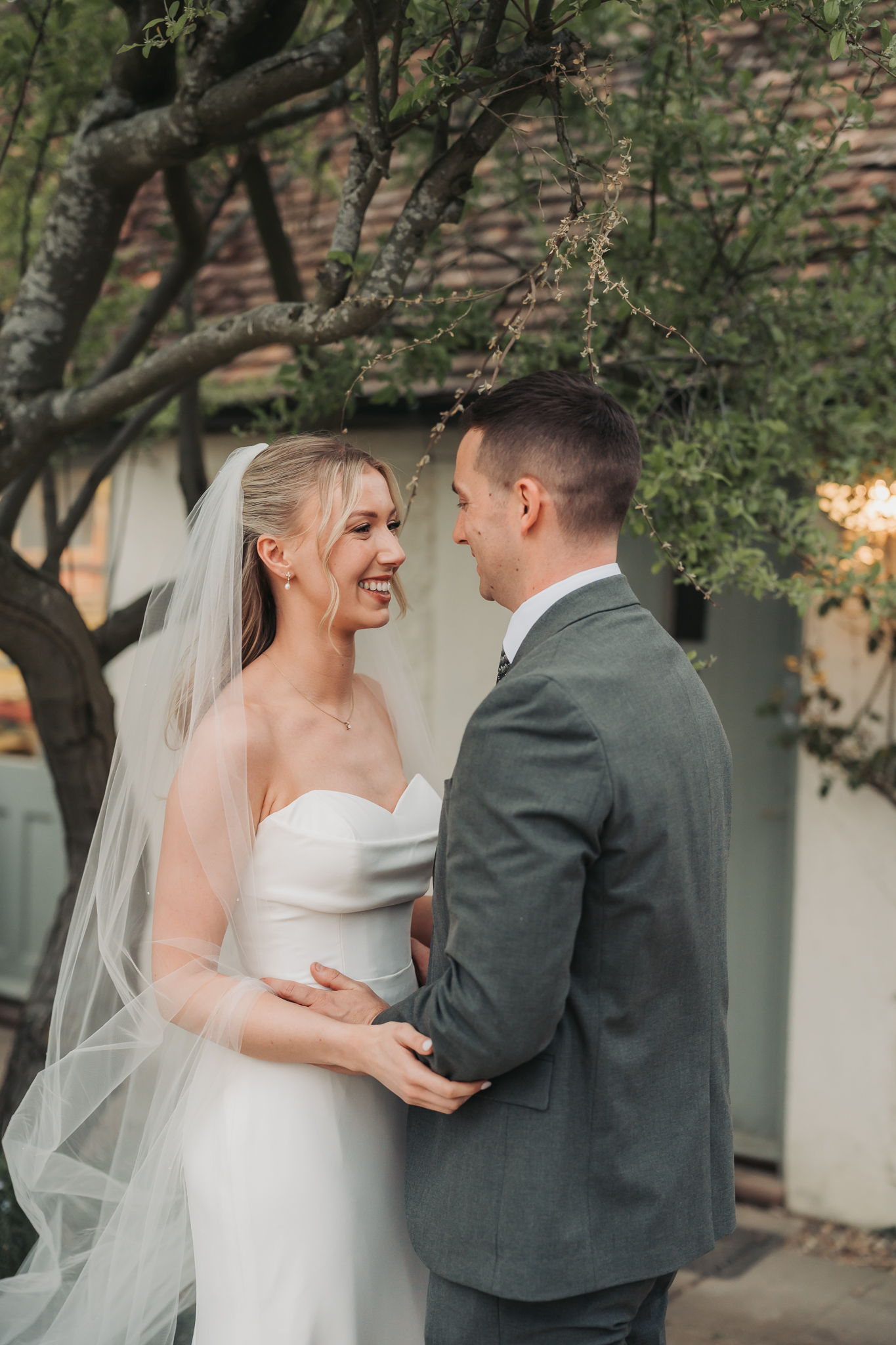 close up of wedding portrait couple looking at eachother