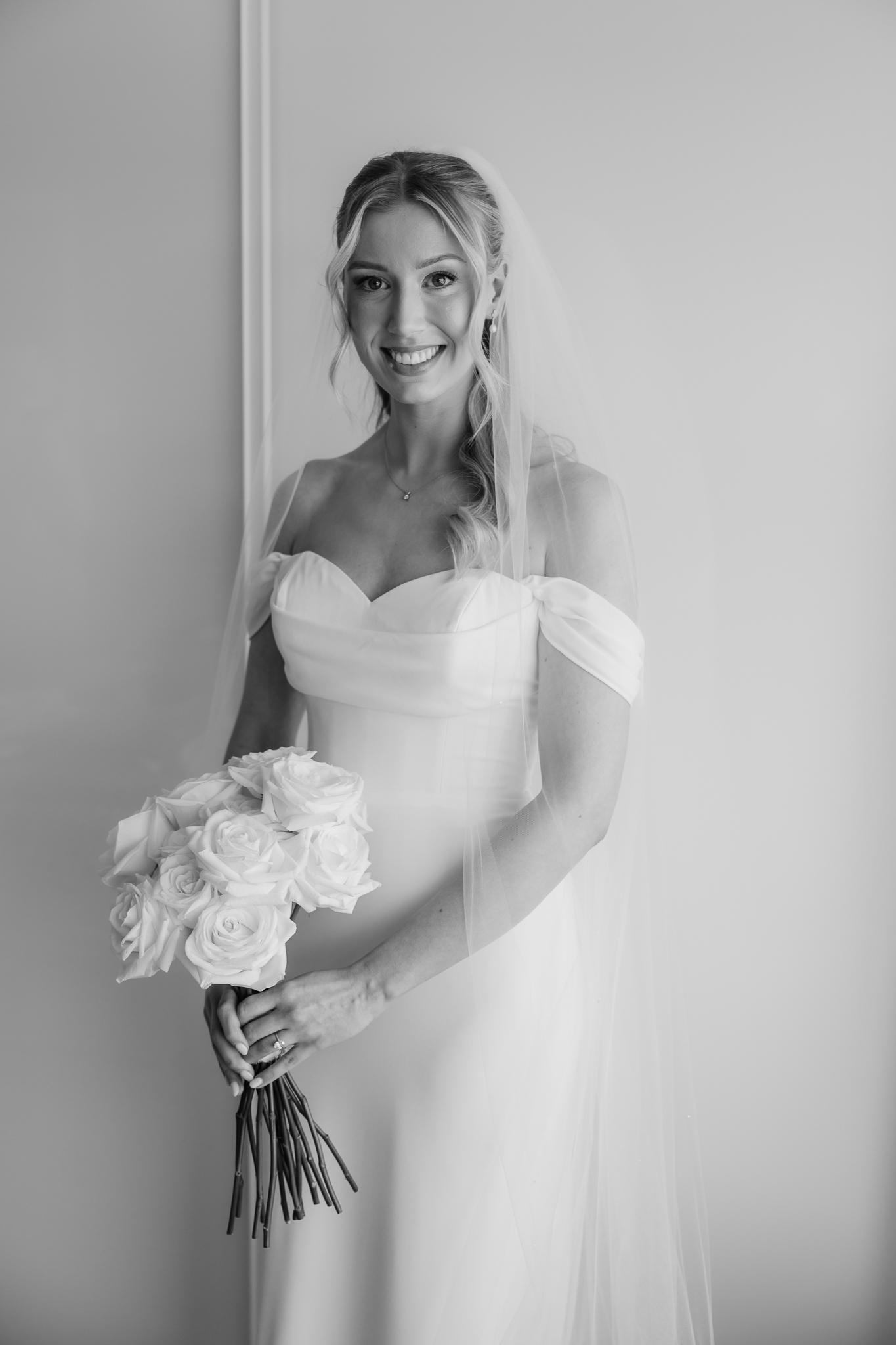black and white portrait of bride