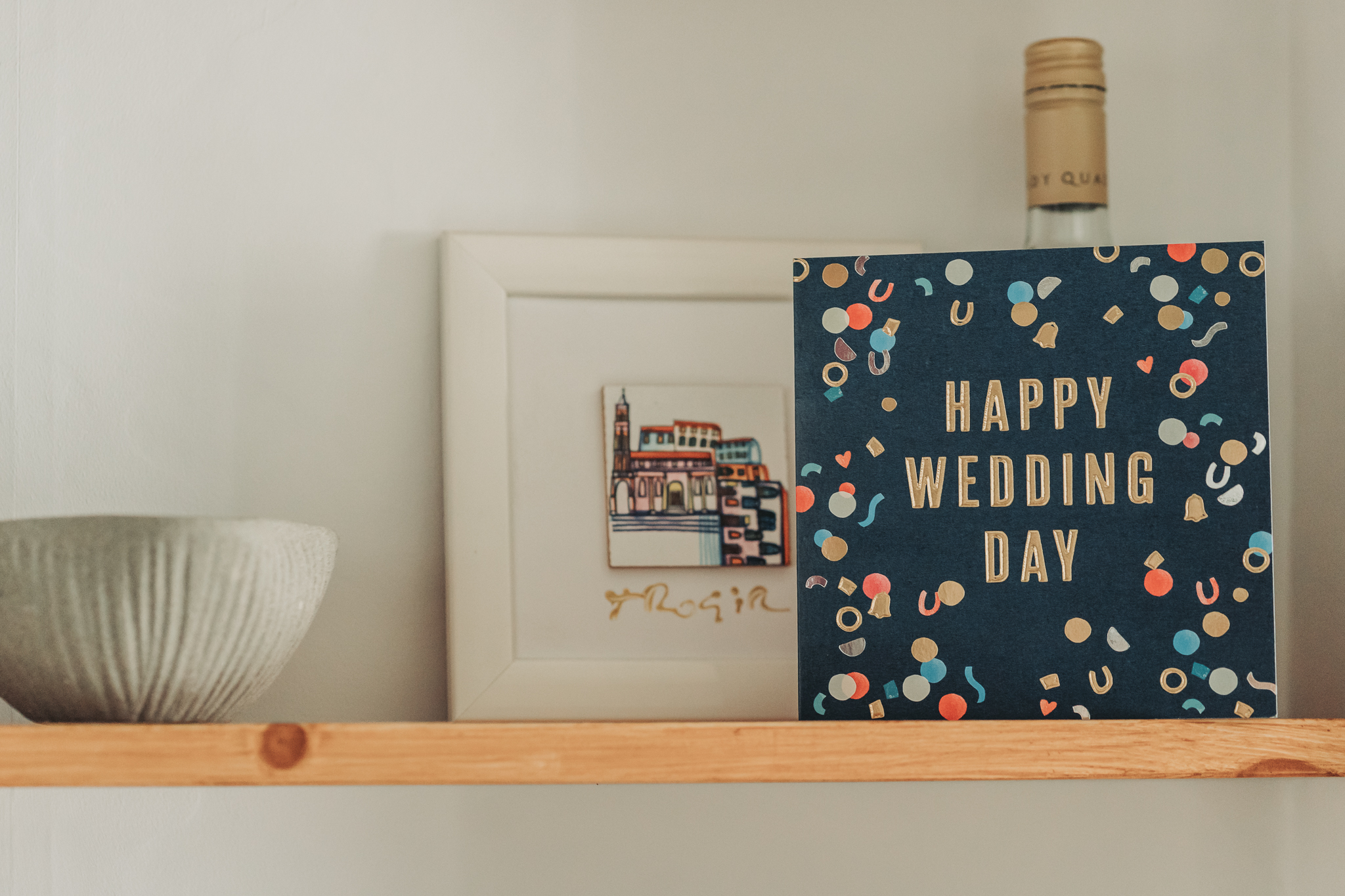 Wedding day card on shelf